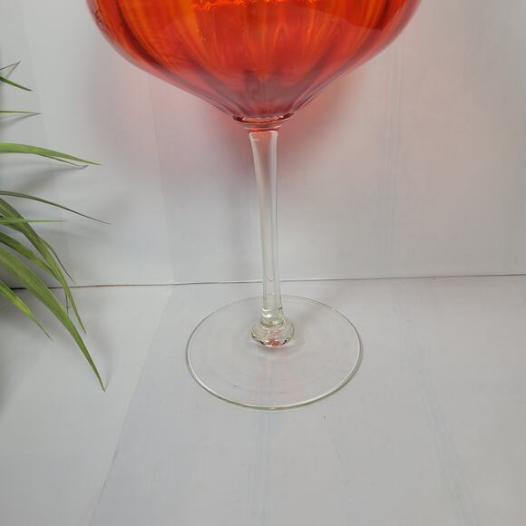MCM Empoli Red/Orange Glass Snifter Goblet, Long Clear Stem Vintage Art Glass - Picture 3 of 4